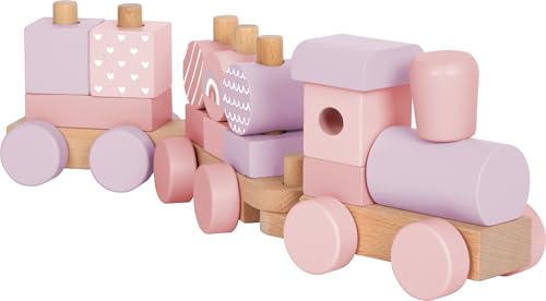 small Foot Holzzug rosa, Steck- und Stapelspielzeug mit 14 Elementen, dekorativer Zug aus robustem Holz, f&uuml;r Kinder ab 12 Monaten, 12694