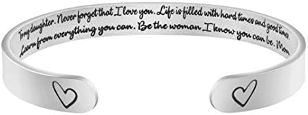 Daughter Bracelets from Mom Inspirational Handmade Fashion Simple Wide Cuff Bangle Message Engraved Birthday Christmas Gifts for Her