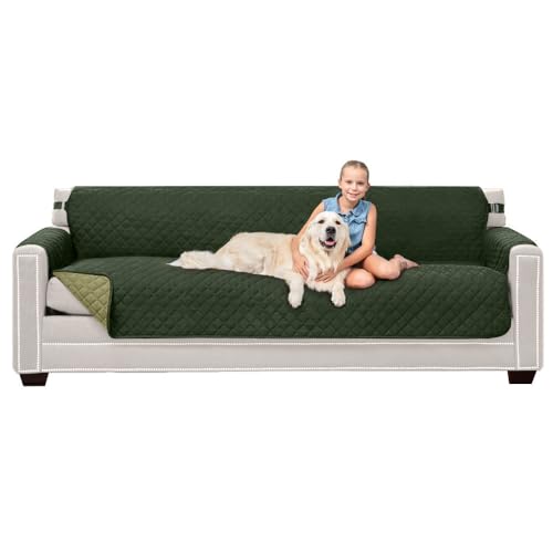 Sofa Shield Couch Slip Cover with Patented Strap, Cushion Protector, US Designed Reversible Stain and Dog Tear Resistant Slipcover, 88 inch Seat, Washable Covers for Dogs Pets Hunter Green Sage