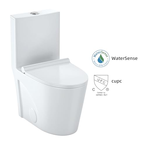 Inodoro de una pieza para baño, altura cómoda de 16 pulgadas, taza alargada con tapa de bloqueo inferior, asiento de cierre suave, sistema de doble descarga, descarga potente miniatura 2