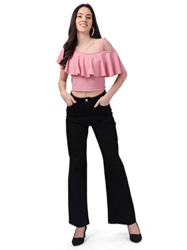 Image of Mehrang Women's Casual Solid Flared Crop Top Round Neck Stretchable Blend for Women /Top for Girls