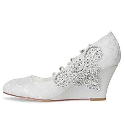 JIAJIA 1217524 Damen Brautschuhe Geschlossene Zehe 7,5 cm Keilabsatz Spitze Satin Pumps Strass Hochzeitsschuhe – Bild 6