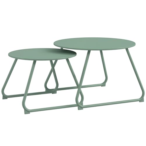 Outsunny Lot de 2 Tables Basses Rondes gigognes empilables de Jardin métal époxy, Table d'Appoint Stable pour extérieur Ø60 et Ø48 cm, Vert