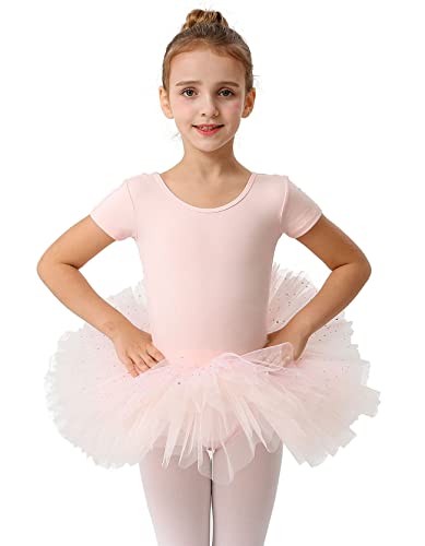 MdnMd Short Sleeve Glitter Dance Ballet Tutu Leotard Ballerina Outfit for Girls Toddler