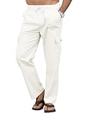 Aisprts Pantalones Cargo de Lino para Hombre Pantalones Verano con Cintura Elástica y Cordón, Ideales para Viajes, Actividades al Aire Libre y Clima Cálido, Blanco, M