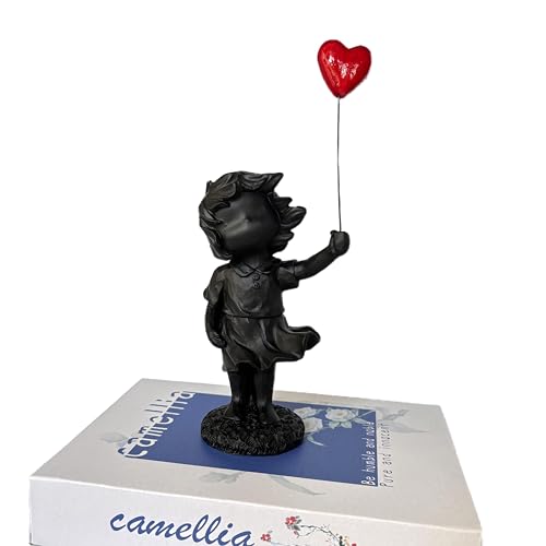Girl with Red Heart Balloon Statue, Resin Sculpture for Home Decor, Collectible Figurines for Living Room Decoration (Black-Balloon)