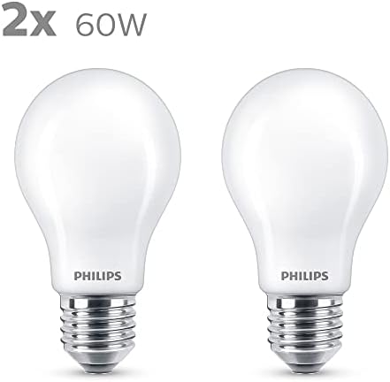 Philips LED Classic A60 Frosted Light Bulb 2 Pack [E27 Edison Screw] 7W - 60W Equivalent , Warm White 2700K, Non Dimmable
