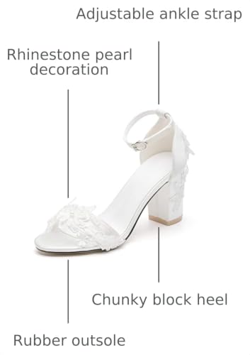 Image of Women's Bridal Shoes Open Toe Mid Block Heel Lace Satin Ankle Strap Comfortable Wedding Dress Pump Sandals