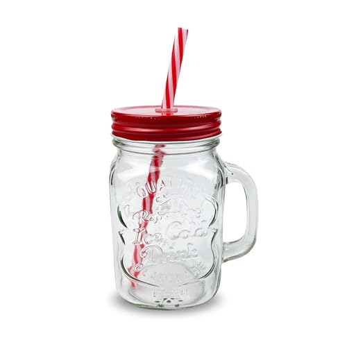 500ml Red Mason Jar with Lid and Straw – Glass Drinking Jar for Smoothies, Juices, Milkshakes, Cold Brew, Cocktails – Reusable Glass Cup for Home, Office, Travel