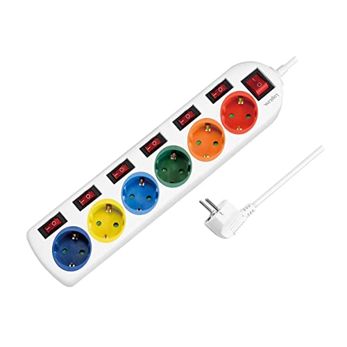 LogiLink LPS259 - 6-fach Steckdosenleiste (CEE 7/3), mit 7x Ein/Aus Schalter, mit eingebautem safety shutter (erhöhter Berührungsschutz), Farbe: mehrfarbig, Weiß