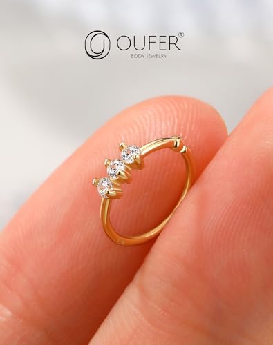 OUFER 14K Solid Gold Nose Rings Hoops, 20G Hoop Nose Rings for Women, Clear CZ Nose Piercing Jewely, Seamless Open Cartilage Helix Earrings3