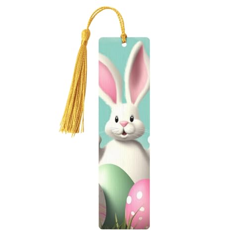 ハッピーイースターエッグ バニーテール しおり タッセル付き、木製しおり 女性用 男性用 ハンドメイド ブックマーク 本好きの方へ 読書ページマーカー 木製タグ オーナメント 誕生日 教師 ギフト