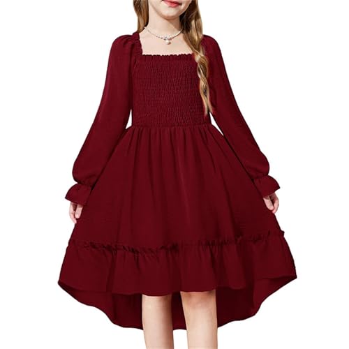 Mjjsk Vestido de niña de manga larga con volantes, cuello cuadrado, acampanado, vestido de fiesta casual, para cumpleaños, boda, ropa de moda para niños, rosso, 9-10 años