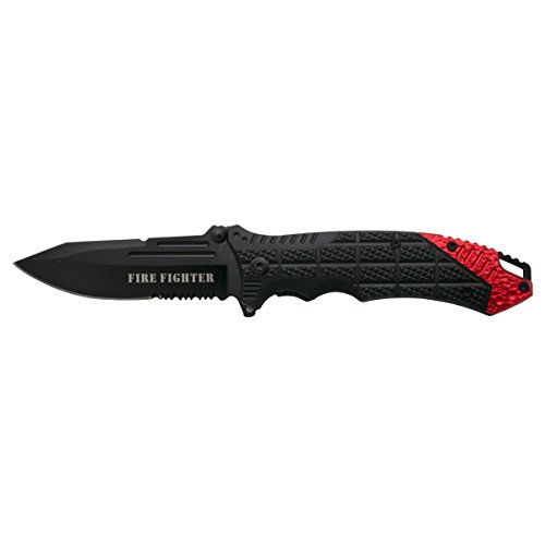 THIRD Navaja K2777RDS, Mango de ABS Negro con Detalle Rojo en Aluminio, Hoja de Acero INOX de 9.5 cm Negra con Sierra, Clip y Funda de Nylon