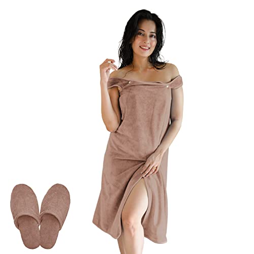 Image of Sassoon Venir Microfiber Bath Wrap Towel with Slippers for Women (Pack of 1) - Peanut Color