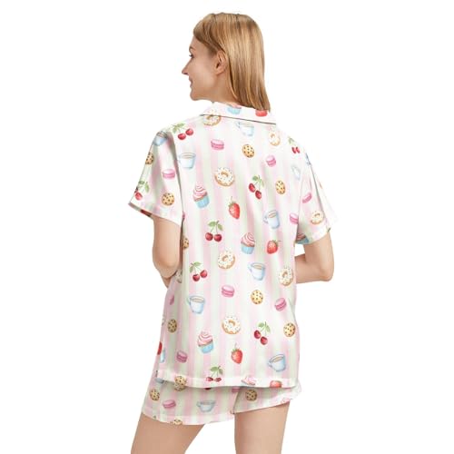Image of Silk Satin Pajama Set for Women Summer Lounge Pjs Sets 2 Piece Suit Ladies Button Down Tops And Shorts Sleepwear