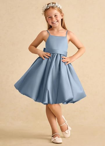 Girls Spaghetti Straps Satin Flower Girl Dresses for Wedding Pageant Party Cute Bow Knot Formal Mini Bubble Dress3
