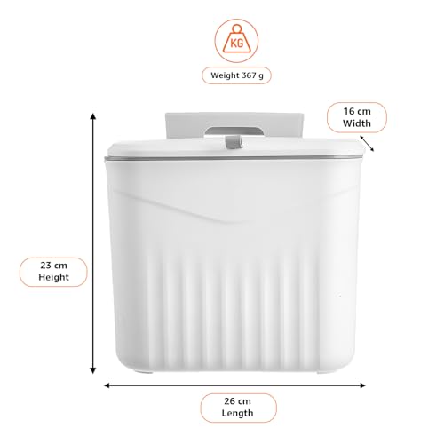Image of Amazon Basics 7 Litre Kitchen Dustbin with Lid, Hanging Plastic Trash Can for Cabinet Door, Wall Mounted Garbage Bin, Double-Sided Open Design - White