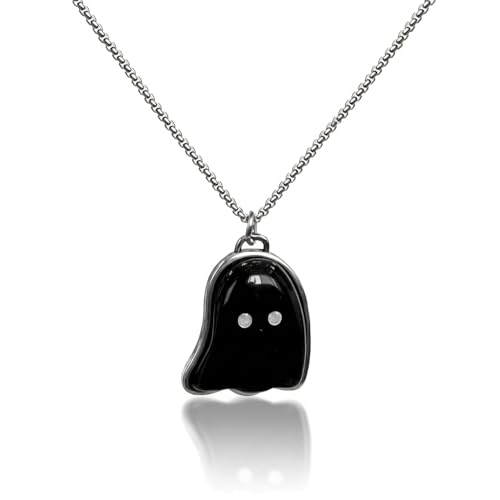 Sunongxin Ghost Necklace Cute Natural Black Obsidian Necklace with Stainless Steel Chain Spooky Halloween Jewelry for Women & Men