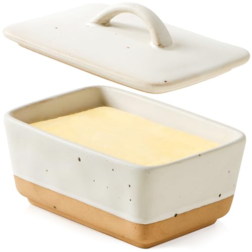 NUTRIUPS Mantequillera de cerámica con tapa, diseño vintage europeo con tapa, cuenco de mantequilla cubierto y caja de mantequilla para cocina, se adapta a 1 bloque de mantequilla (blanco, tamaño