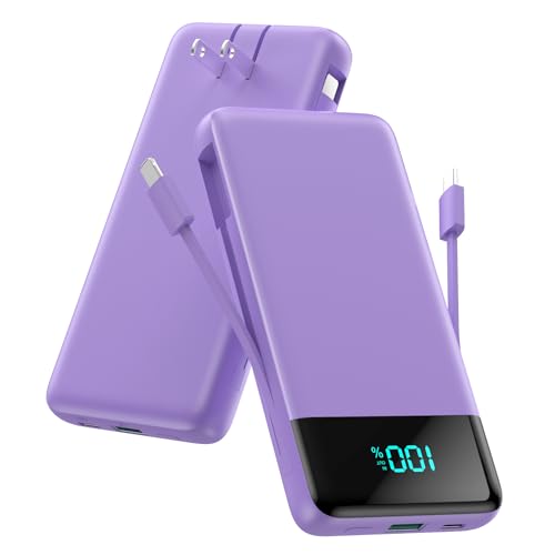 Image of Portable Charger for iPhone,13800mAh Slim Power Bank with Built-in Cables & AC Wall Plug,All in One 4 Outputs USB C Fast Charging Battery Pack for iPhone 17 /16 /15 /14,Android,Travel Essential (Purple)