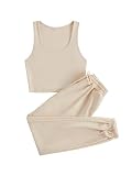 Floerns Women's Solid Drawstring Waist Jogger Set Crop Tank Top Two Piece Outfit Beige Petite S