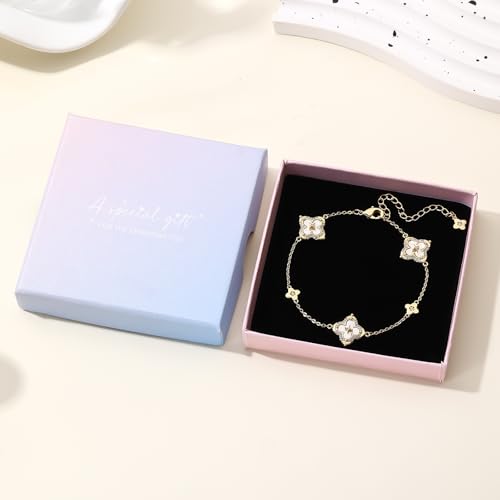 FEEL STYLE Clover Bracelet for Women - 14K Gold/Silver Plated Charm Bracelet with Mother of Pearl & Cubic Zirconia - Lucky Four Leaf Jewelry Gift Adjustable 6.5"+2" Extender 6