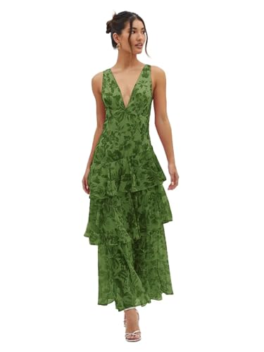 Chiffon Floral Print Brideamiad Dresses for Women 2025 V Neck Long Tiered Ruffles Evening Party Gowns KN036