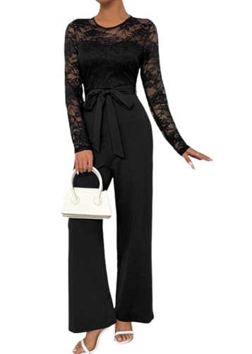 shownicer Tuta Donna Elegante Maniche Lunghe Pizzo Pantaloni Lungo Jumpsuit Elegante Tinta Unita Casual Cerimonia Playsuit Romper A Nero S