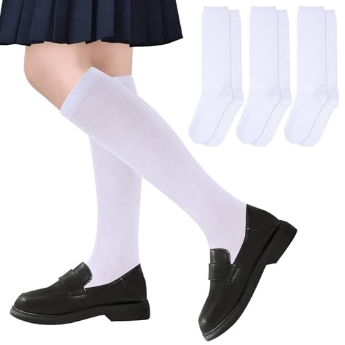 Fjquamitix 3 Pairs Kids Knee High Socks Girls White School Socks Breathable Cotton Sock for Children Daily Wear (Age 9-12 Years White)