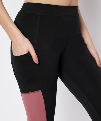 Image of Mehrang High-Waisted Capri Leggings with Side Pocket - Black & Contrast Color Block Activewear for Gym, Yoga, and Everyday Comfort for Women