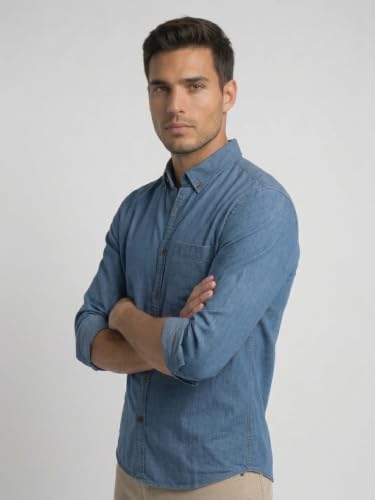 Image of Amazon Brand - INKAST Men Washed Cotton Twill Denim Casual Button Down Shirt | Full Sleeves | Regular Fit | Stylish Summer - Everyday Wear