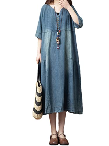 Robe d'été coréenne en jean bleu col en V à manches mi-longues amples