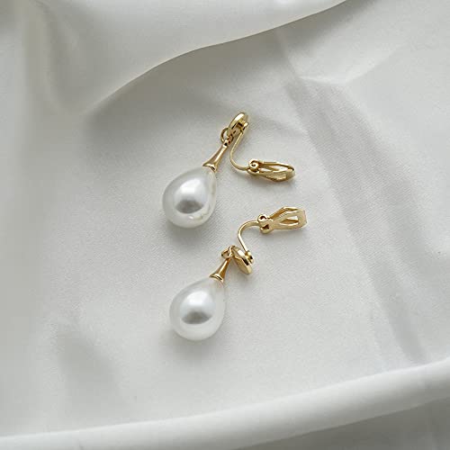 TONLUYAX Pearl Clip on Earrings for Women Drop Clip Earrings for Women Gold Plated White Imitation Pearl Earrings Fashion