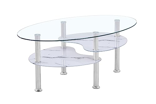 HOOZ Couchtisch Glas mit 8mm Sicherheitsglas & Facettenschliff - Glastisch perfekt geeignet als Beistelltisch/Wohnzimmertisch (98x58x42 cm) (Klarglas mit Marmor weiß Ablage)