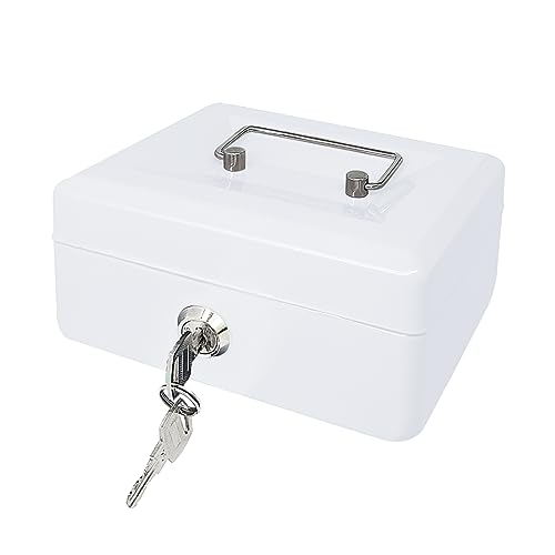 Steel Cash Box with Key Lock, Metal Small Money Organizer with Money Tray,Cash Storage Box with Lockable Cover (White-15 * 12 * 8 CM)