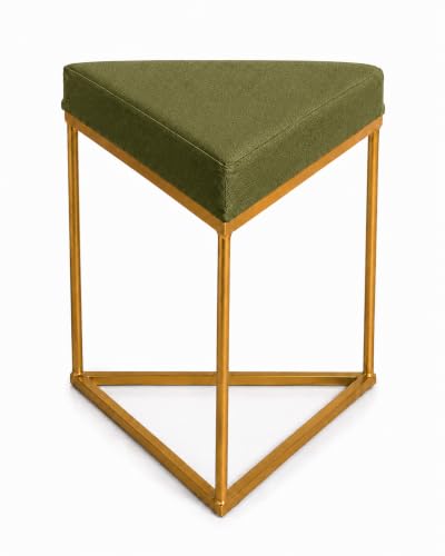 Image of Modern Velvet Triangular Vanity Stool with Gold Metal Frame | Upholstered Makeup Chair for Dressing Table | Accent Seating for Bedroom, Living Room & Home Decor-Olive Green.
