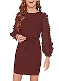 blibean Girls Semi Formal Dresses Solid Mesh Flower Long Sleeve Fall Dress Zipper Outfit Fancy Party Dance Cltohes Tween Kid Clothing Size 12-13 Years Old Red