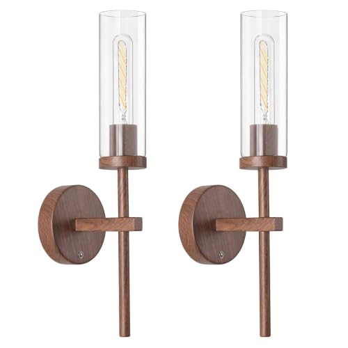 Image of Shenmoyl Battery Operated Wall Sconces Set of 2, Walnut Color Rechargeable Wall Lighting Fixtures, Dimmable Wall Lights with Remote & Clear Glass Shade for Living Room, Bathroom,Bedroom