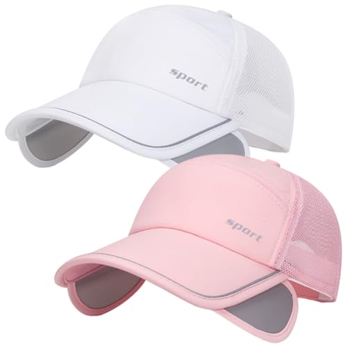 2Pcs Mesh Back Baseball Cap with Retractable Brim for Men Women UV Sun Protection Breathable Tennis Golf Visors Hats