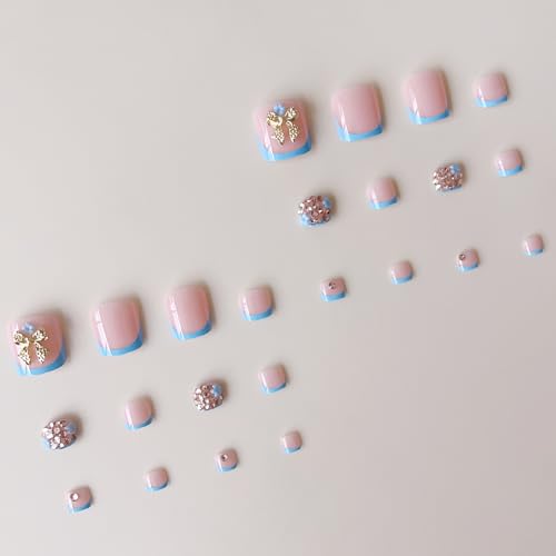 Image of Blue French Tip Press on Toenails Metal Bow Fake Toenails with Rhinestone Design Glossy Glue on Toe Nails Flower False Nails Artificial Acrylic Full Cover Stick on Toenails for Women Manicure 24Pcs