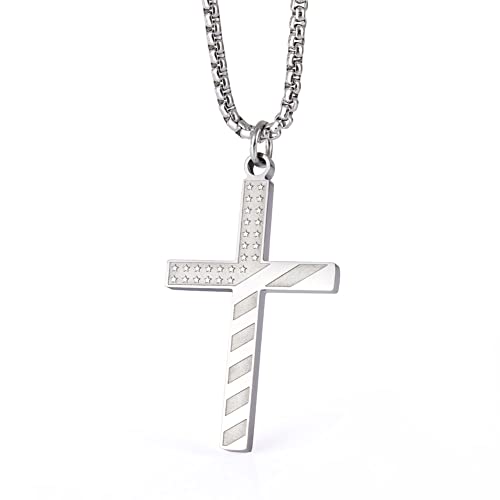 Wolentty Stainless Steel American Flag Cross Necklace Engraved Religious Philippians 4:13 Pendant Jewelry for Men