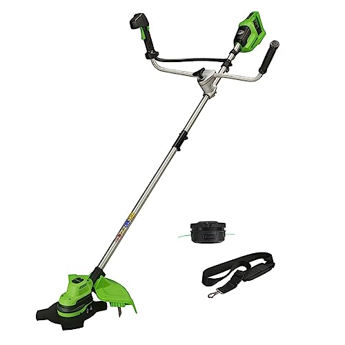 Greenworks GD24X2BCB Akku Freischneider mit bürstenlosem Motor, Geschirr, Motorradgriff, 38 cm Schnittbreite, 2 mm Nylonfäden, 25 cm Klinge, OHNE 2 x 24V Akku und Ladegerät, 3 Jahre Garantie