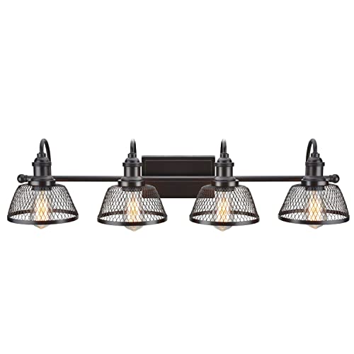 Image of Aspen Creative 62096, Four-Light Metal Bathroom Vanity Wall Light Fixture, 34 inch Wide, Transitional Design in Bronze with Metal Mesh Shade