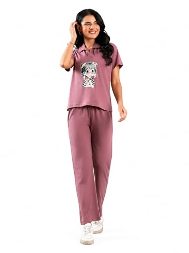Image of Kvetoo Women Solid Tracksuit Set Cotton Lounge Wear Set Half Sleeve Polo T-Shirt & Straight Pant Casual Travel Outfit
