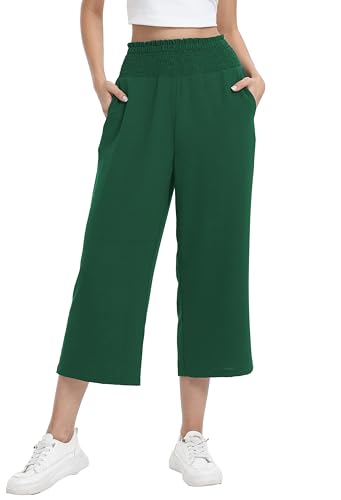 WUWUSKY Pantalon 3/4 Femme Taille Haute Élastique, Pantalon Large d'Été Léger Respirant Pantacourt Décontracté avec Poches, Vert Foncé, XXL