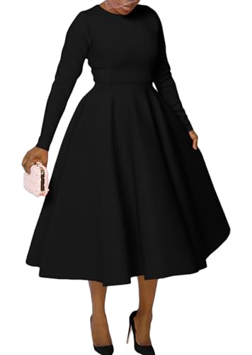 Famnbro Women's Vintage Cocktail Dresses 1950s Round Neck Long Sleeve A Line Formal Church Swing Maxi Dress