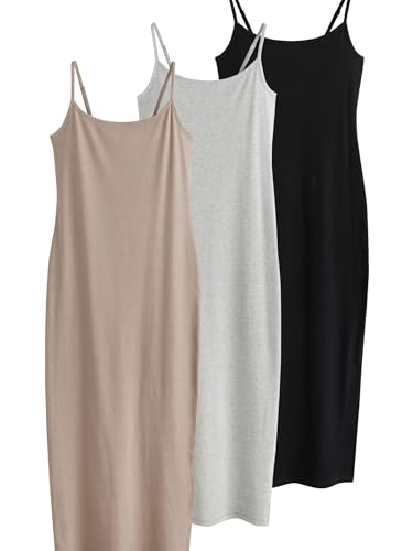 THE SET Damen Geripptes Trägerkleid, 3er-Pack Black/Grey Marl/Taupe Brown L