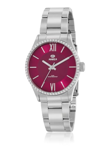 Marea B36190/3 - Elegante Reloj Femenino con Movimiento Japonés de 3 Agujas, Caja y Brazalete de Acero, Esfera Roja y Detalles Plateados, Resistente al Agua 5 ATM