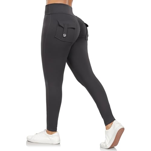 Aerides Sport Leggings Damen mit Gesäßtasche Blickdicht Cargo Leggins Yoga Sporthose High Waist Scrunch Leggings Lang Gym Yogahose(Schwarz, M)